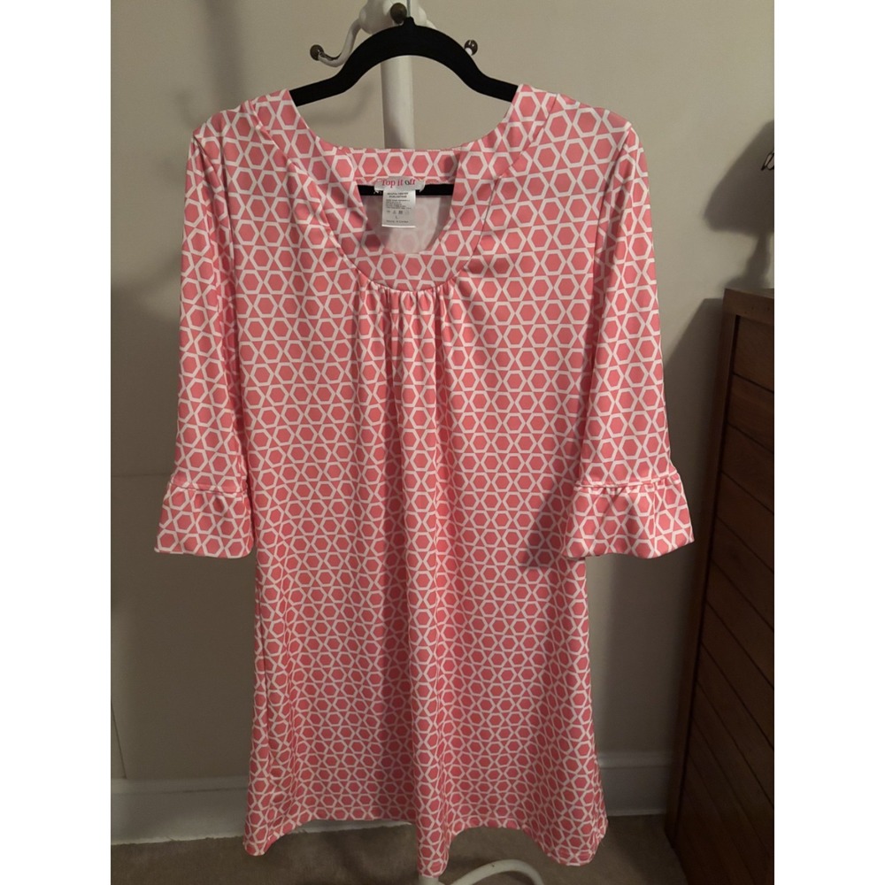 Top it Off Dress pink white 3/4 sleeve size large